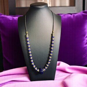 Artisan Blue Beaded Necklace Brass Accents Leather Cord Boho Tribal Vintage Look